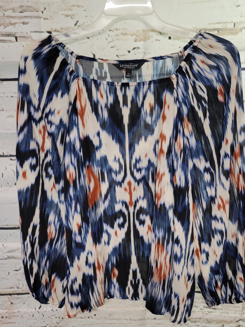 Liverpool Los Angeles Ikat Print Peasant Blouse Medium Blue Orange 3/4 Sleeve
